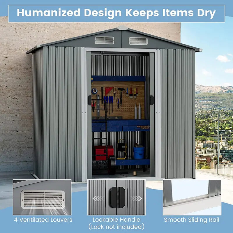 6′ x 4′ Galvanized Metal Outdoor Storage Shed  Rust-Resistant Tool House with Reinforced Frame