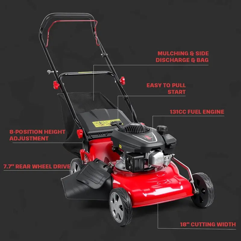 18-Inch 3-in-1 Self-Propelled Gas Lawn Mower  131cc Engine, 50L Grass Catcher, Heavy-Duty Yard Maintenance