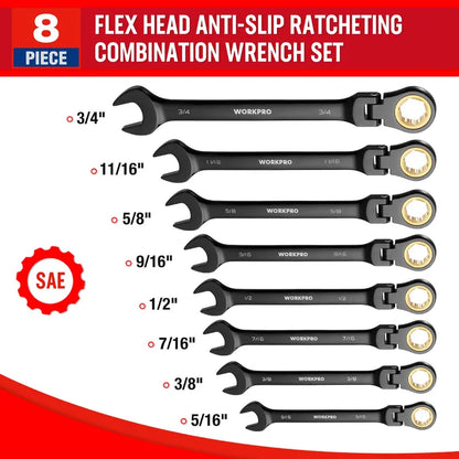 WORKPRO 8-Piece Anti-Slip Flex-Head Ratcheting Wrench Set