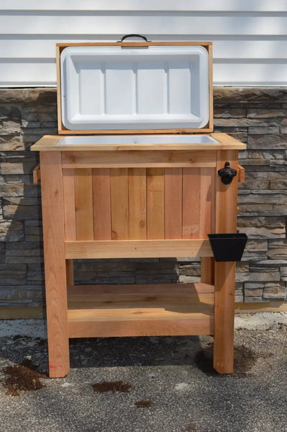 All-Weather 48-Quart Antiqued Cedar Beer Cooler Stand with Brass Drain and Bottle Opener