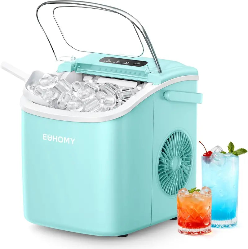 EUHOMY Black Countertop Ice Machine  26 lb/Day, 9 Cubes in 6 Minutes, Auto-Cleaning, Portable with Handle, Basket & Scoop