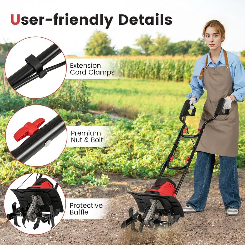 10-Amp Corded Electric Tiller  Foldable Garden Cultivator for Efficient Soil Prep