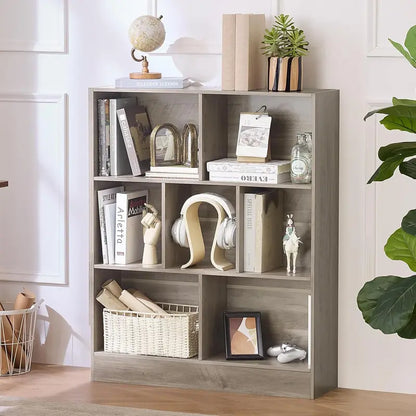 LEYAOYAO Natural Wood 7-Cube Bookshelf  Modern Open-Back Storage Unit with Solid Legs