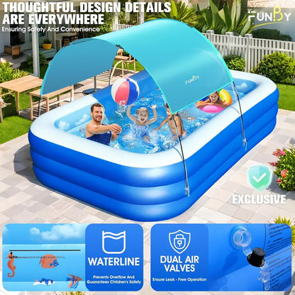 Ocean-Themed Inflatable Family Pool with Canopy  Extra-Large 105″ x 75″ x 25″, Thickened Vinyl for Kids & Adults, Backyard Swimming Pool