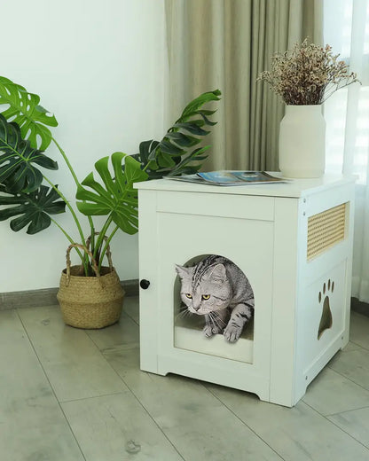 WellMall Cat Litter Box Enclosure, Cat House Side Table,Night Stand Pet House, Indoor Cat House-White
