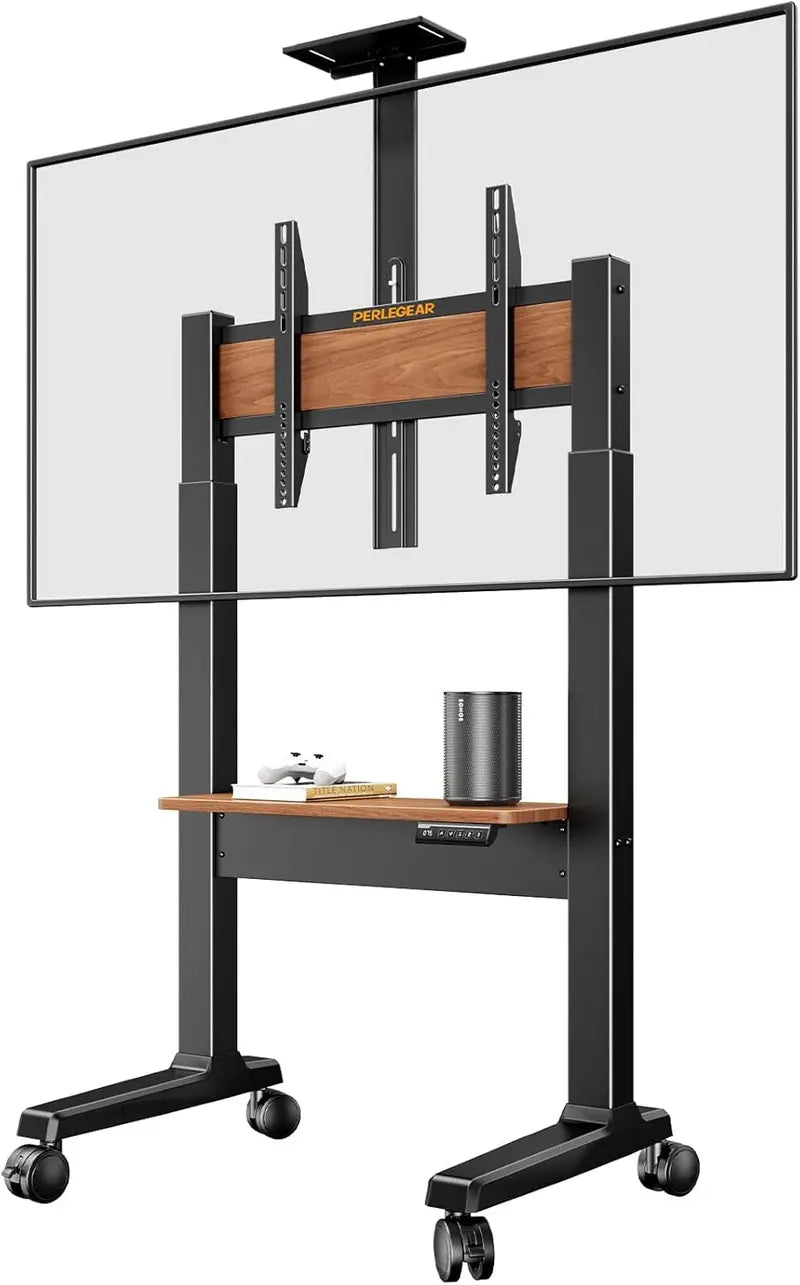 Motorized Rolling TV Stand  Electric Height Adjustment, Supports TVs 37″86″, VESA-Compatible, Wooden Shelf & Panel Design