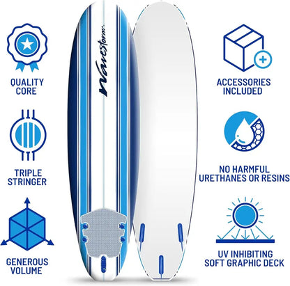 Wavestorm 7-Foot Soft Top Foam Surfboard  Beginner-Friendly Heat-Laminated Board with Leash & Multi-Fin Set, Blue Pinline Design