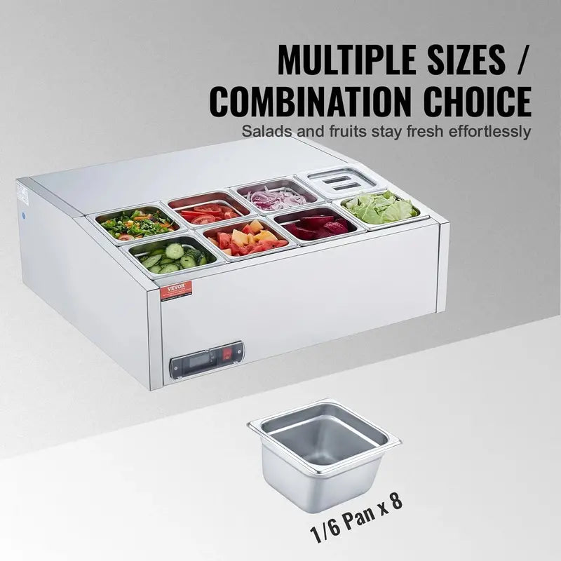Countertop Refrigerated Condiment Prep Station  135W Sandwich Bar with Stainless Steel Body, Polycarbonate Lid, and 6 Pan Compartments