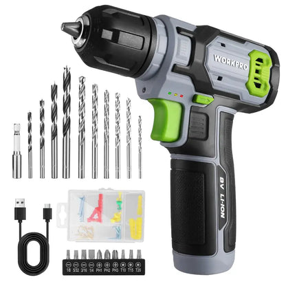 WORKPRO 8V Cordless Drill Kit — 53-Piece Bit Set, 2.0Ah Battery, 3/8″ Keyless Chuck, Pink Ribbon Storage
