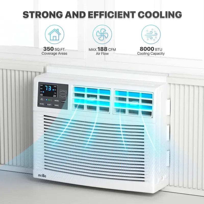 Mollie 8000 BTU Window AC, Remote, Washable Filter, Dehumidifier, 350 Sq. Ft., 115V, White