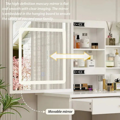 LED Vanity Desk Set  White Makeup Station with Mirror and Stool (39.4″ Wide)