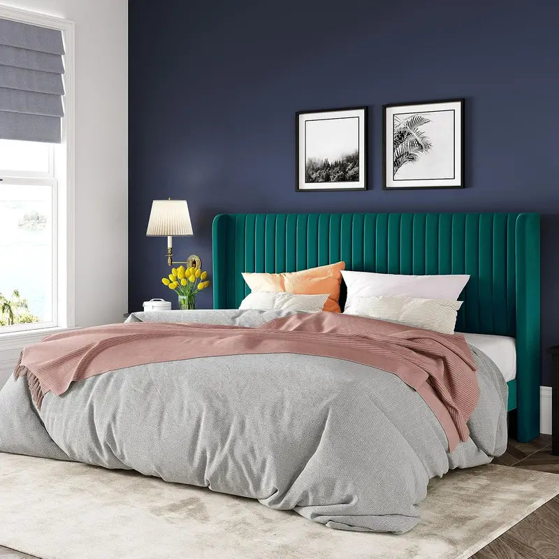 Allewie Full Size Velvet Wingback Bed  Channel-Tufted Upholstered Frame with Vertical Headboard