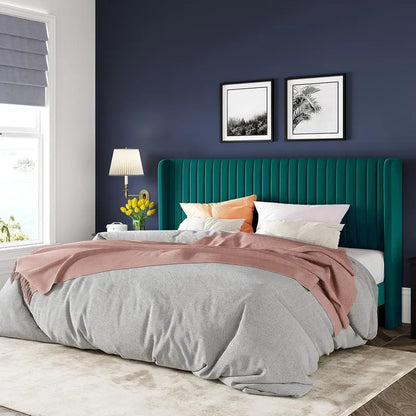 Allewie Full Size Velvet Wingback Bed  Channel-Tufted Upholstered Frame with Vertical Headboard