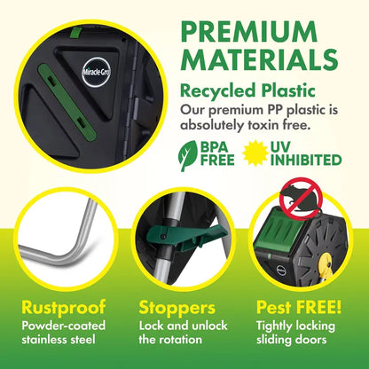 Miracle-Gro Single Chamber Outdoor Garden Compost Bin  18.5gal (70L) Capacity  Heavy Duty, Easy to Assemble Tumbling Composter  Gardening Gloves Included