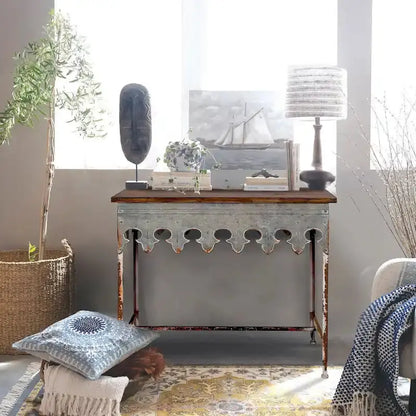 Zinc-Finished Scalloped Edge Sofa Table  Wood-and-Metal Accent Piece