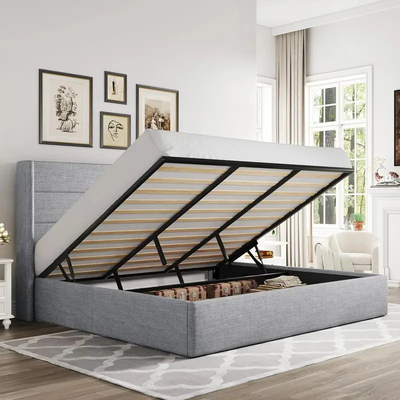 Allewie Modern Hydraulic Lift Queen Storage Bed  Wingback Headboard, Light Beige