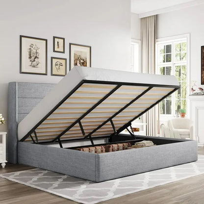 Allewie Modern Hydraulic Lift Queen Storage Bed  Wingback Headboard, Light Beige