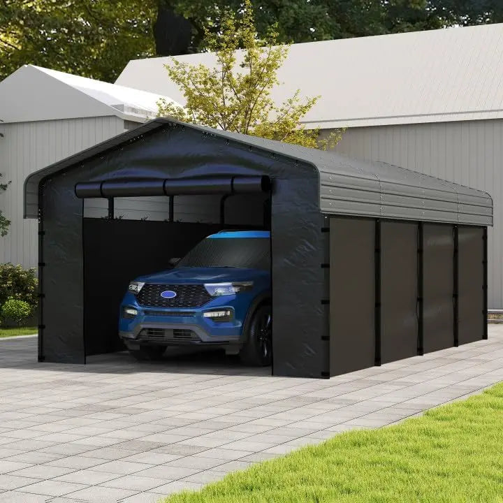 10 ft x 15 ft Reinforced Metal Carport  Weather-Resistant Outdoor Garage or Shade Structure