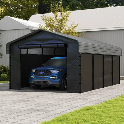 10 ft x 15 ft Reinforced Metal Carport  Weather-Resistant Outdoor Garage or Shade Structure