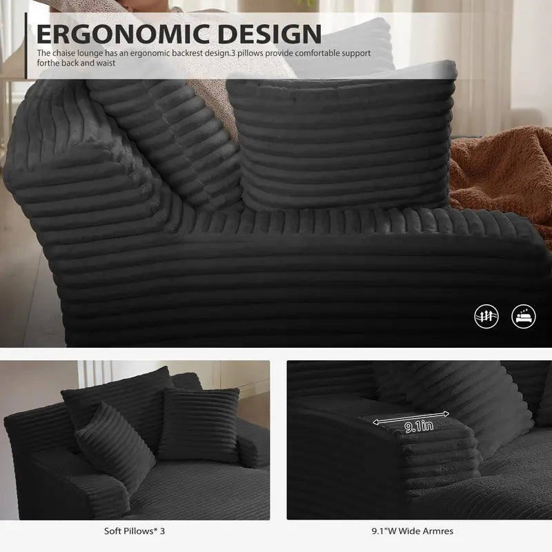 50-Inch Corduroy Chaise Lounge Chair  Oversized Boneless Sleeper Sofa Bed with Deep Seat, Ideal for Reading or Napping, Dark Grey