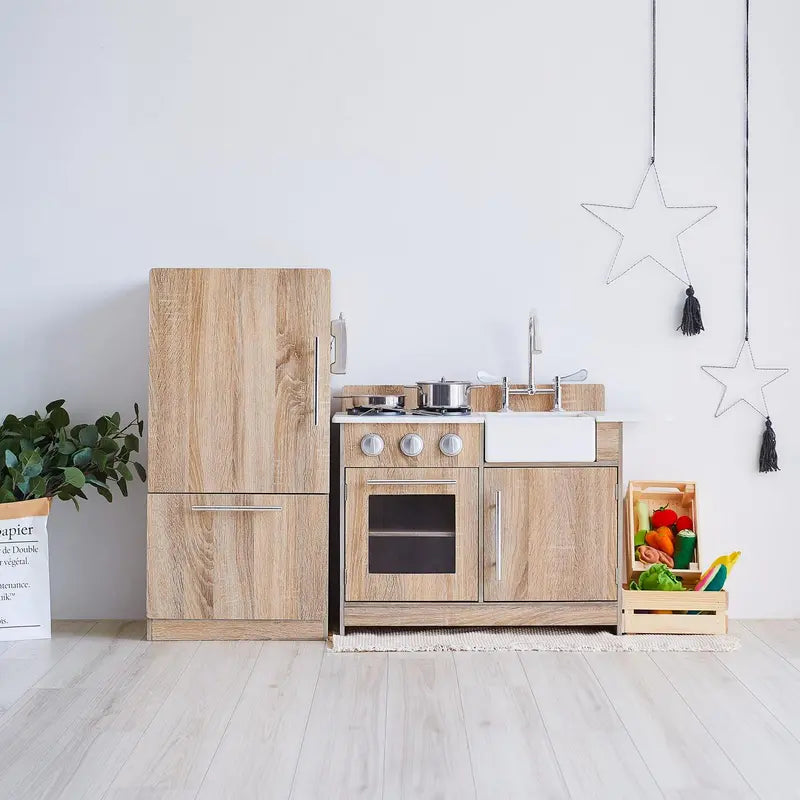 Teamson Kids Little Chef Chelsea Modern Wooden Play Kitchen, Cherry Grain/Silver, Interactive Set for Ages 3+