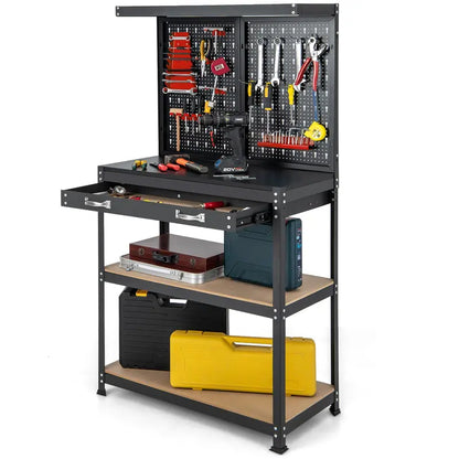 Compact 32″ x 16″ Workbench with Pegboard, Dual Shelves, and Worktop