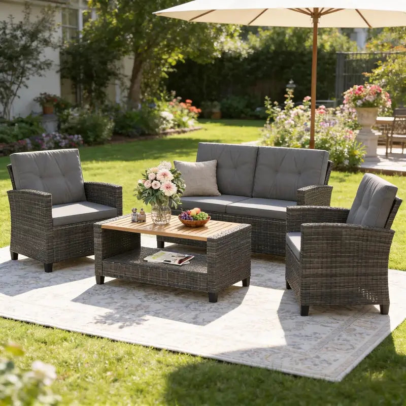 Wisteria Lane 4-Piece Navy Blue All-Weather Wicker Patio Sofa Set with Cushions and Glass Table