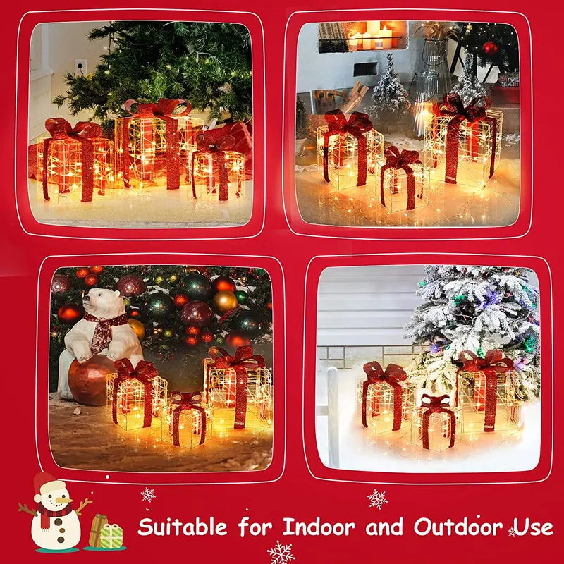 Lighted Christmas Gift Box Ornaments  Set of 3 White LED-Illuminated Decorative Boxes