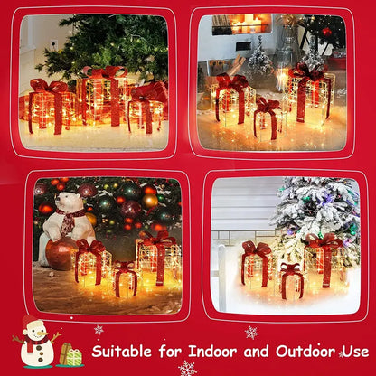Lighted Christmas Gift Box Ornaments  Set of 3 White LED-Illuminated Decorative Boxes