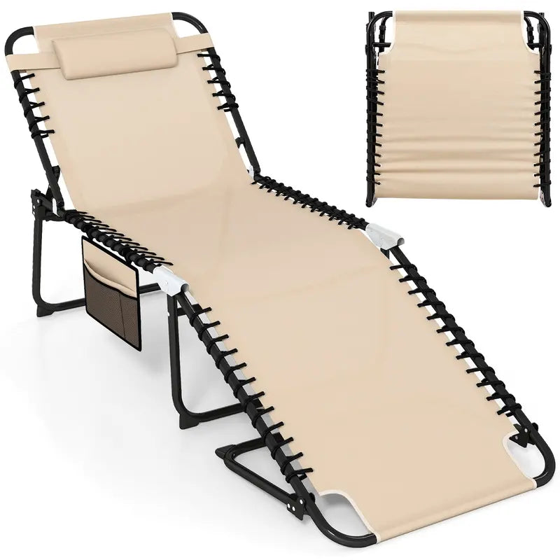 Extra-Large Outdoor Tanning Lounge Chair  5-Position Adjustable Folding Chaise