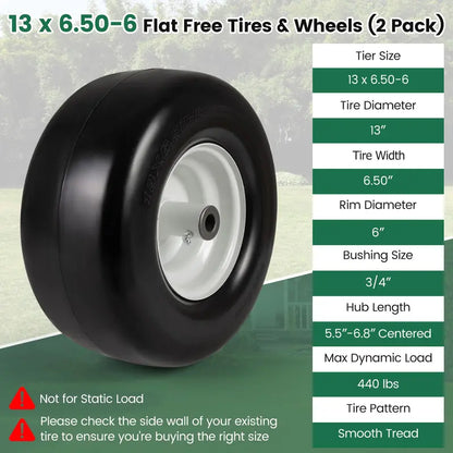 2-Pack 13 x 6.50-6 Flat-Free Tires & Wheels  Maintenance-Free Solid Rubber Design