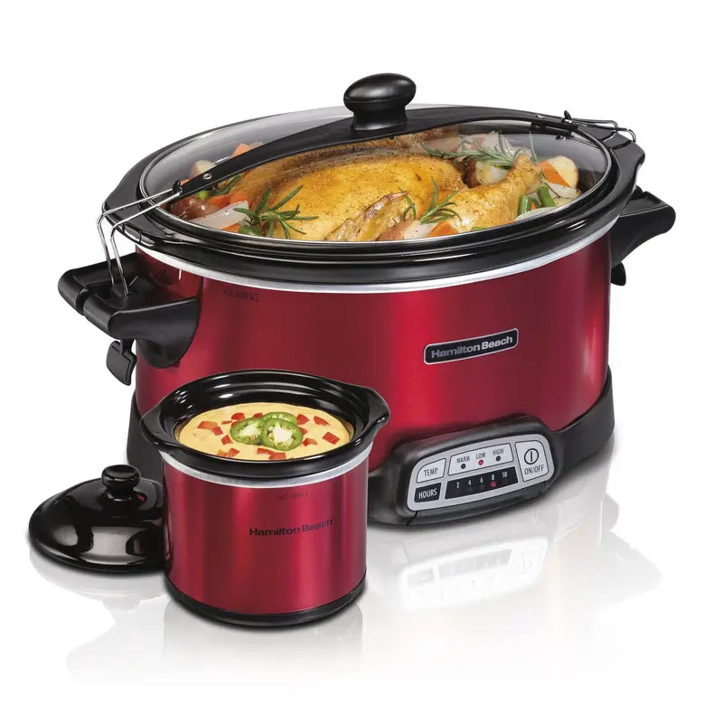 Hamilton Beach 7-Quart Programmable Stay or Go Slow Cooker with Built-in Party Dipper  Red Model 33478
