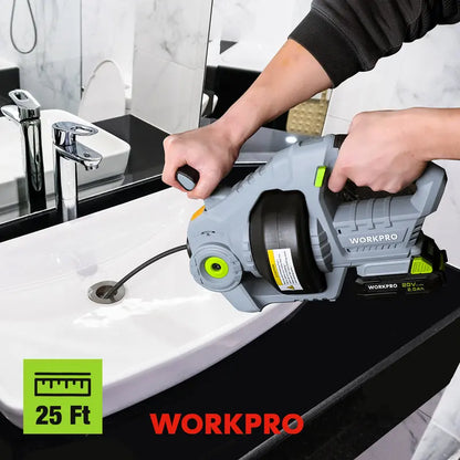 WORKPRO 20V Cordless Electric Drain Auger  25-Foot Plumbing Snake with 2.0Ah Battery & Charger