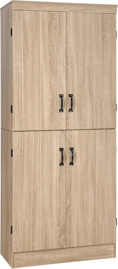 70.86-Inch Tall Freestanding Pantry Cabinet — Natural-Finish Storage Unit with 4 Doors & 2 Adjustable Shelves