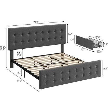 King Platform Bed Frame with Four Under-Bed Storage Drawers & Upholstered Headboard
