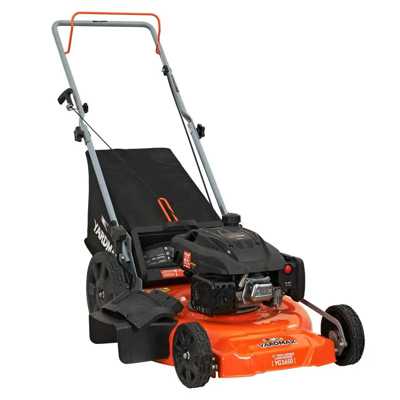 YARDMAX 21″ 170cc Gas Push Lawn Mower, 3-in-1, High Rear Wheels, Adjustable Height
