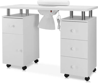 Electric Nail Technician Desk with Acetone-Resistant Surface, Dust Collector & Wrist Support  Mobile Beauty Station with Locking Casters, Drawer & Cabinet (White)