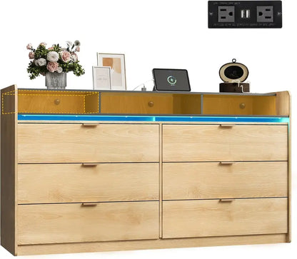 9-Drawer LED TV Dresser  58.35-Inch Wood Dresser with Power Outlets, Open Shelving & Bedroom Storage