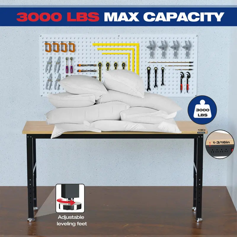 WORKPRO 72-Inch Heavy-Duty Adjustable Workbench  3000lb Load Capacity with Built-in Power Outlets