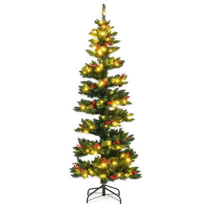 6-Foot or 7-Foot Spiral Pre-Lit Christmas Tree Featuring Pine Cones, Red Berries, and Realistic Tips