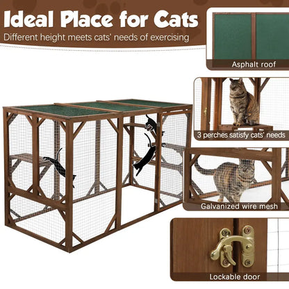 Coziwow Outdoor Cat House Enclosure Pet Cage Catio W/ Asphalt Roof, 3 Platforms, Gray