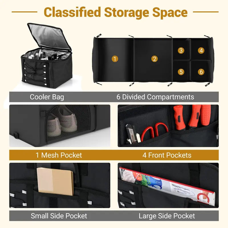 Collapsible Trunk Organizer  Multi-Compartment Vehicle Storage Bin with Detachable Lid