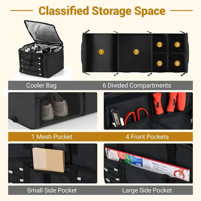 Collapsible Trunk Organizer  Multi-Compartment Vehicle Storage Bin with Detachable Lid