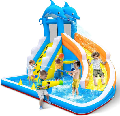 5-in-1 Inflatable Dolphin Water Play Center  Bounce House, Climbing Wall, Splash Pool, Water Cannon & Basketball Hoop for Backyard Fun