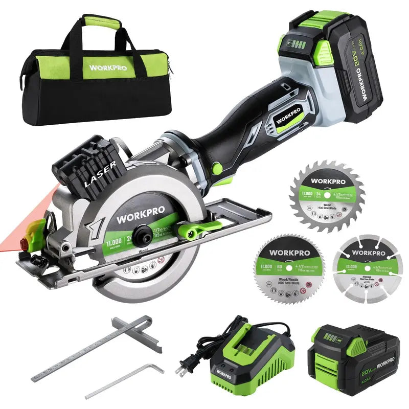 WORKPRO 4.5-Inch 20V Compact Cordless Circular Saw  Includes 4.0Ah Battery, Fast Charger & 3 Blades