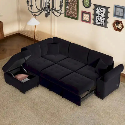 L-Shaped 5-Seat Sleeper Sectional Sofa  84.75-Inch Modular Design with Hidden Arm Storage, Ottoman with Compartment, and Dual USB Charging Ports