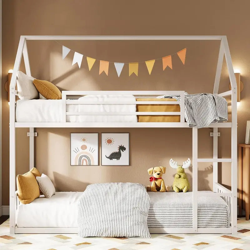 LIKIMIO House-Style Twin-over-Twin Bunk Bed with Decorative Guardrail and Reinforced Metal Slats