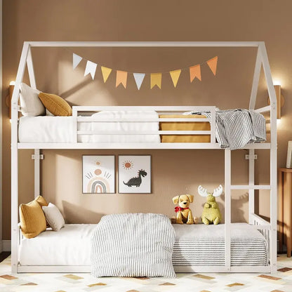 LIKIMIO House-Style Twin-over-Twin Bunk Bed with Decorative Guardrail and Reinforced Metal Slats