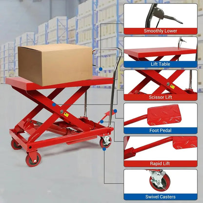 660-LB Hydraulic Lift Table Cart  31-Inch Max Height, Double-Scissor Design with 4 Swivel Wheels & Non-Slip Surface
