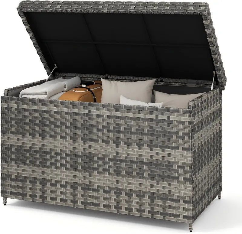 DWVO 70-Gallon All-Weather Storage Bench  Sand Beige Wicker Deck Bench with Cushion and Composite Wood Backrest